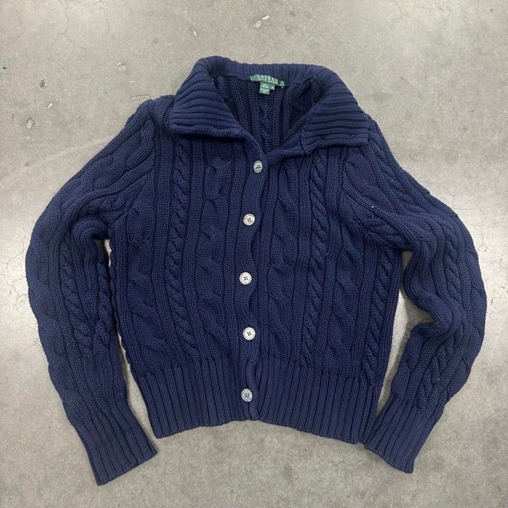 Ralph Lauren womens navy blue heavy cable knit button up cardigan Size XL